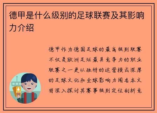 德甲是什么级别的足球联赛及其影响力介绍